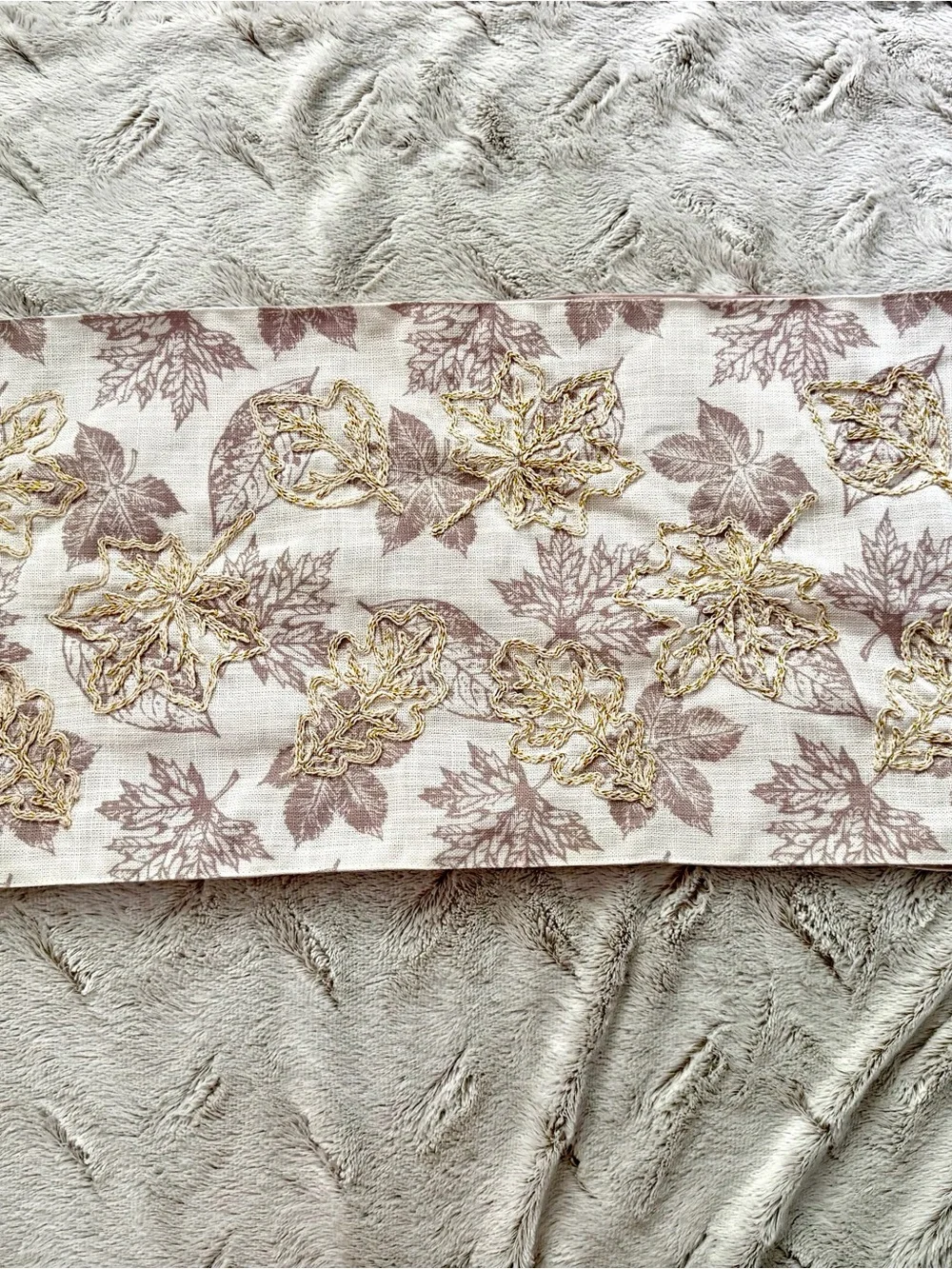 Embroidered Gold Metallic Autumn Maple Leaf Table Runner Linen Blend 70x14”